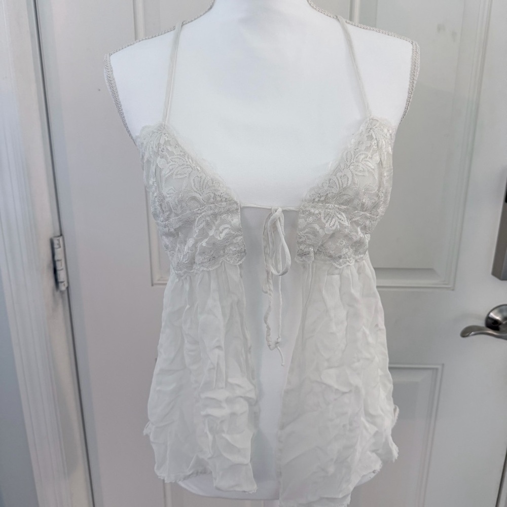 Anthropologie Lingerie Dress S | Babydoll White Sheer Lace Tie Front